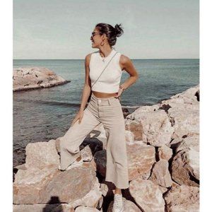 Zara Blogger Favorite Marine Straight High Waisted Flare Wide Leg Frayed Jeans